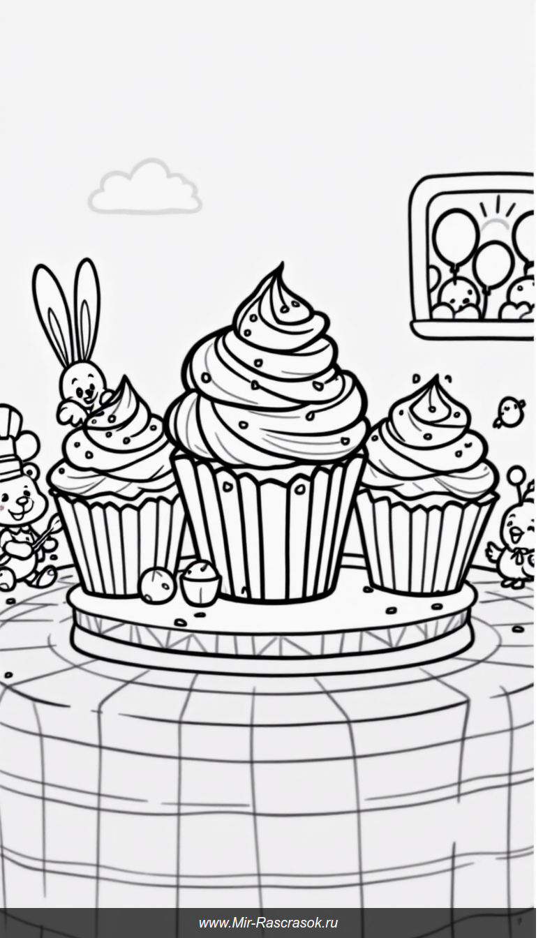 Веселые кексы с друзьями раскрась и улыбнись