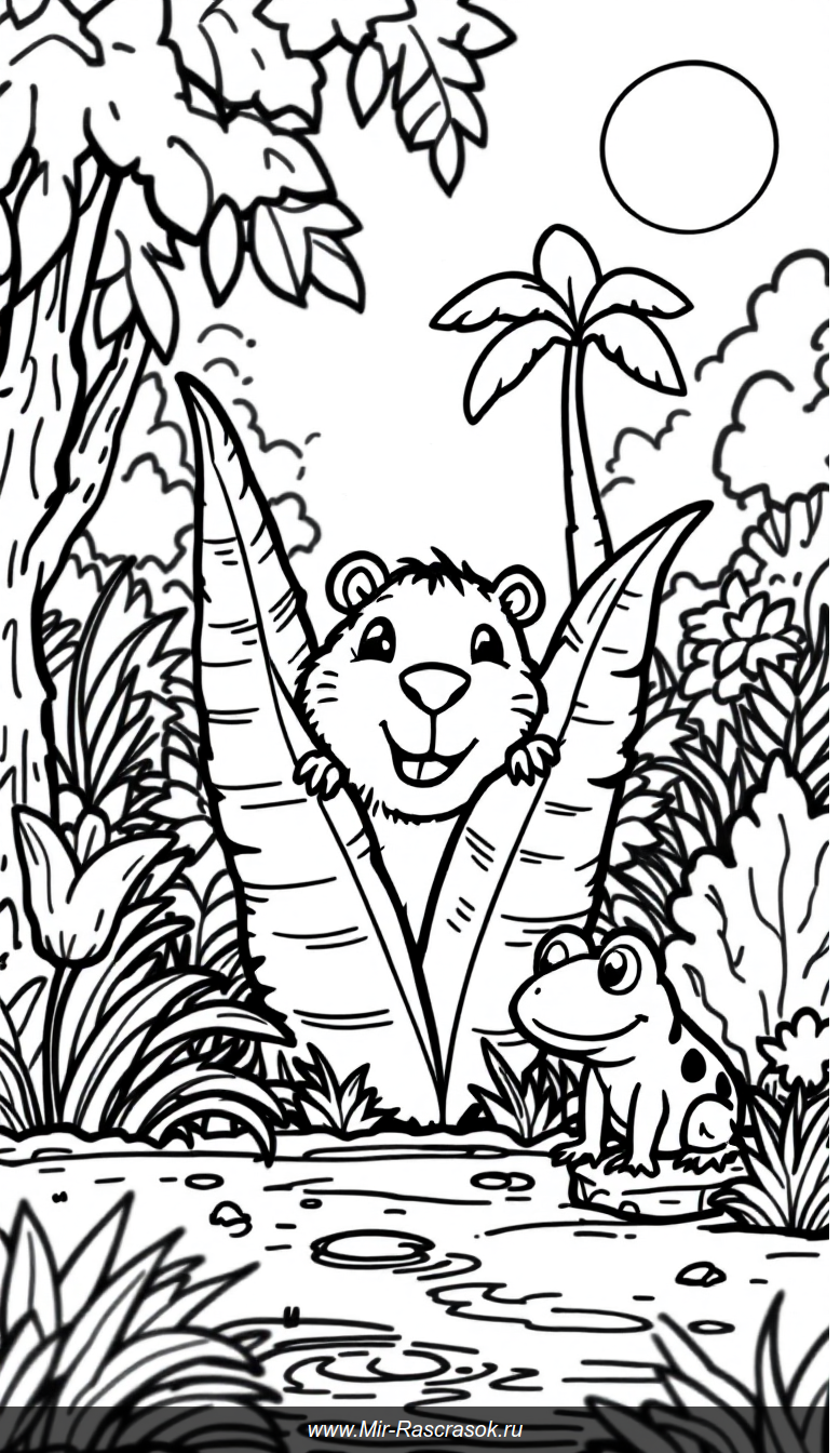 Веселая капибара и лягушка прячутся в джунглях книга-раскраска для детей