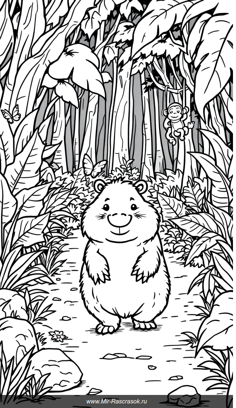 Веселая капибара и джунгли для детской раскраски