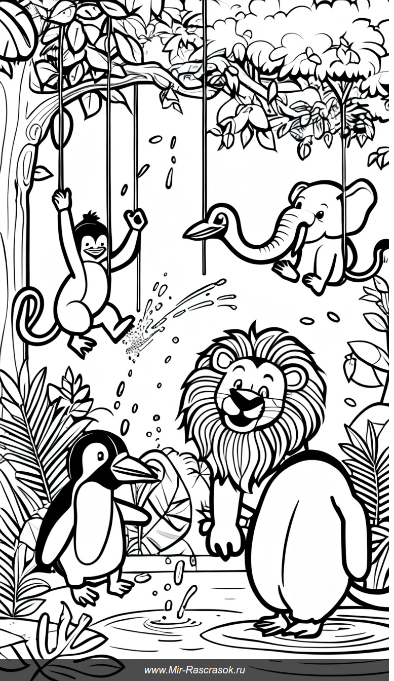 Раскраска с животными зоопарка дружелюбные львы обезьяны пингвин и слон