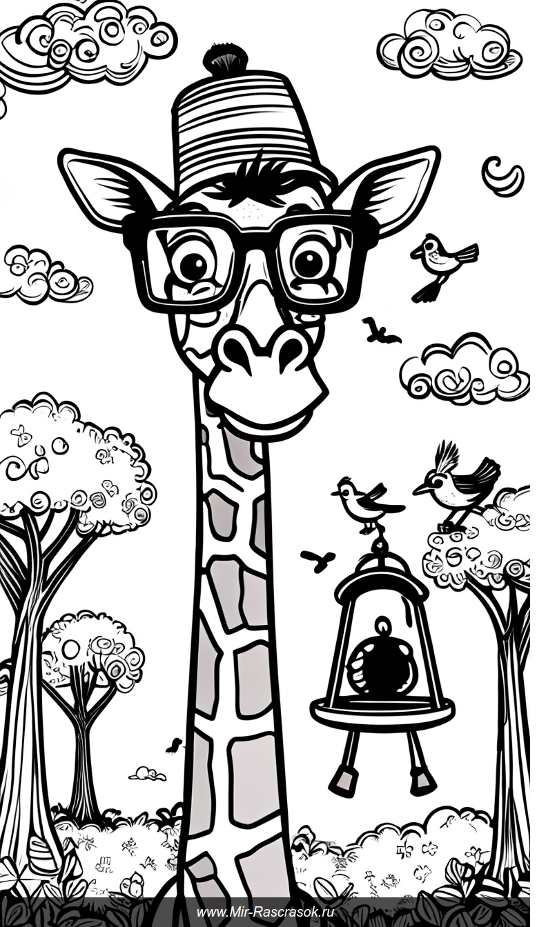 Раскраска с забавными жирафами в очках и шляпах у маленькой кормушки