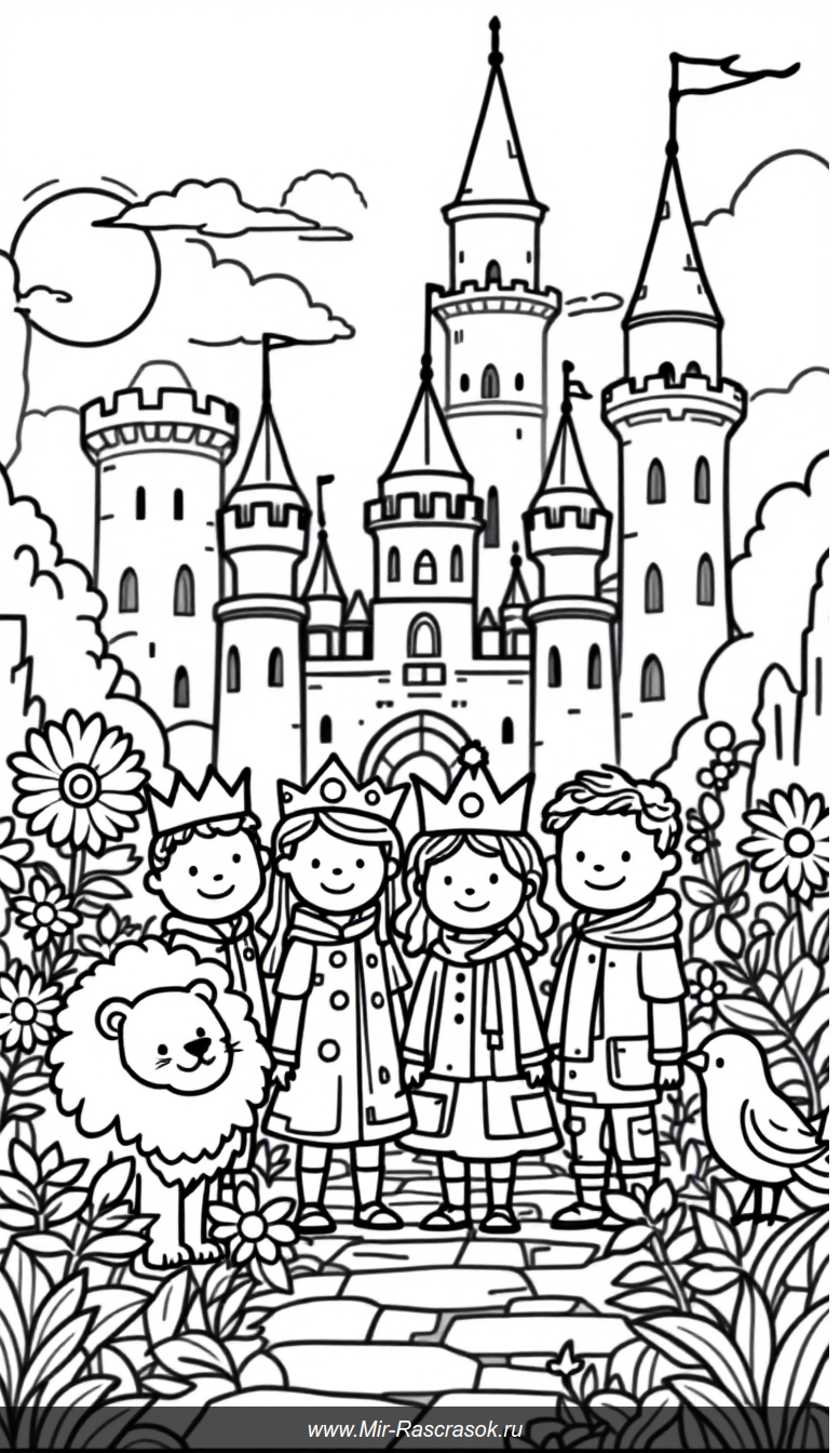 Волшебный двор замка с детьми в коронах для раскрашивания
