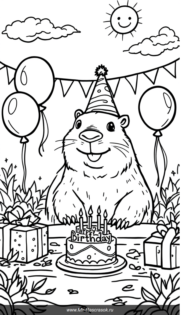 Весёлый капибара на дне рождения раскраска для детей