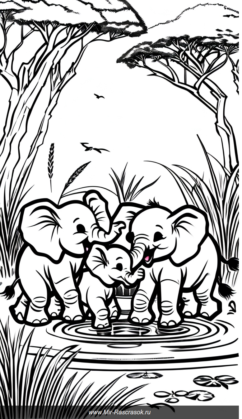 Раскраска с весёлыми малышами слоников у водоёма для юных художников