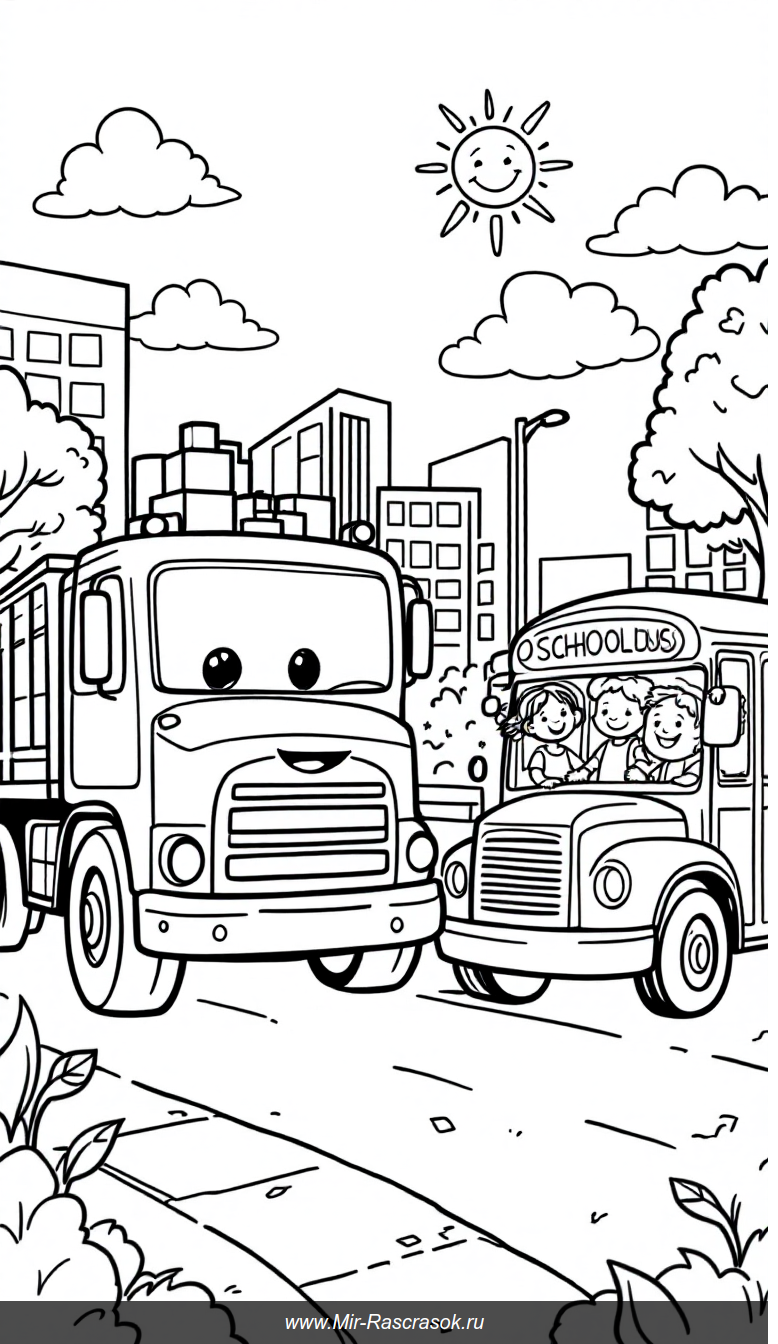 Веселый городской пейзаж для раскрашивания с улыбающимся грузовиком и школьным автобусом