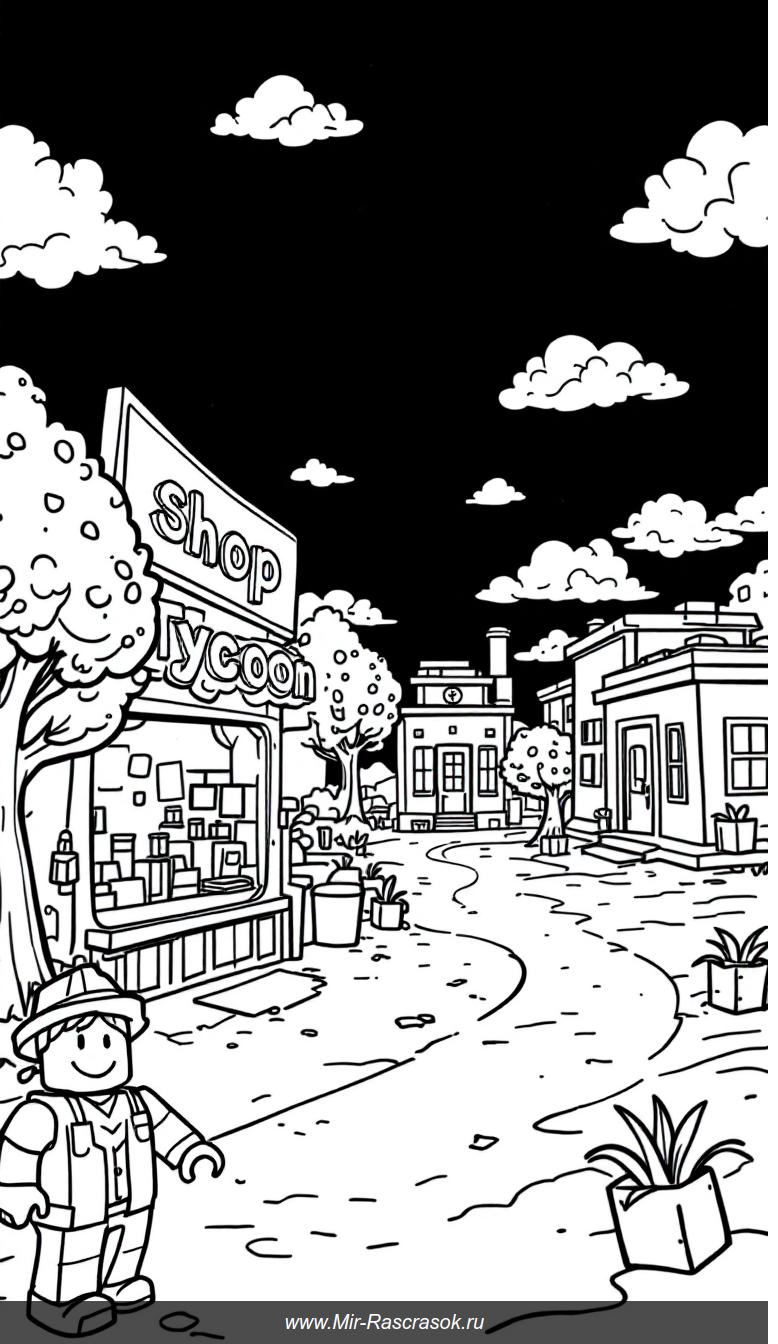 Веселая раскраска Roblox Tycoon с простыми формами и дружелюбным героем