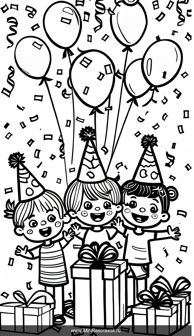 Раскраска с радостными детьми в праздничных шляпах среди шариков и подарков