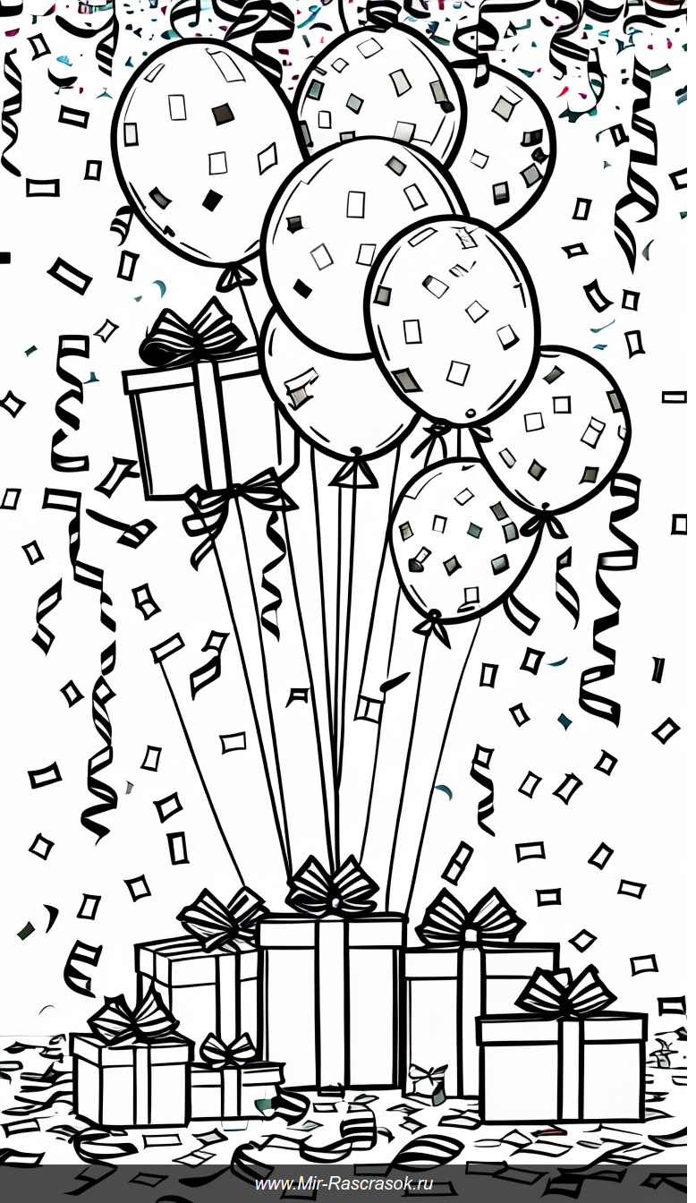 Раскраска с праздничными шарами подарками и конфетти для веселья
