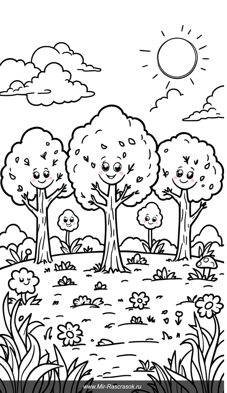 Веселые деревья в солнечном парке для детской раскраски
