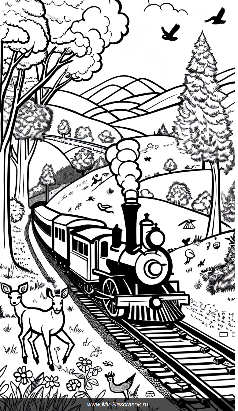 Веселый паровоз в пейзаже природы для раскраски