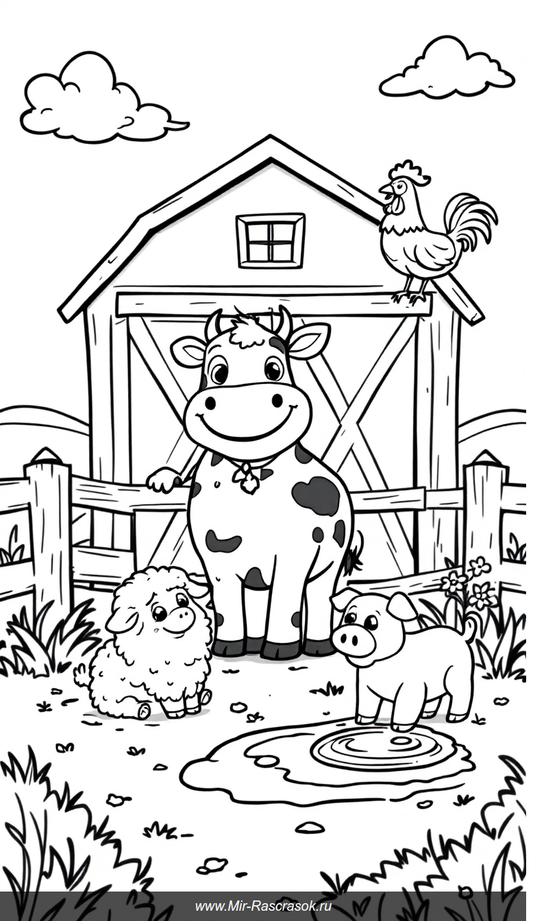 Весёлая ферма с животными для раскрашивания детям
