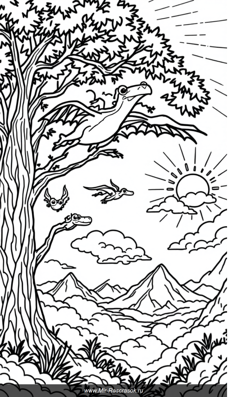 Веселые птеродактили в полете над доисторическим деревом раскраска для детей