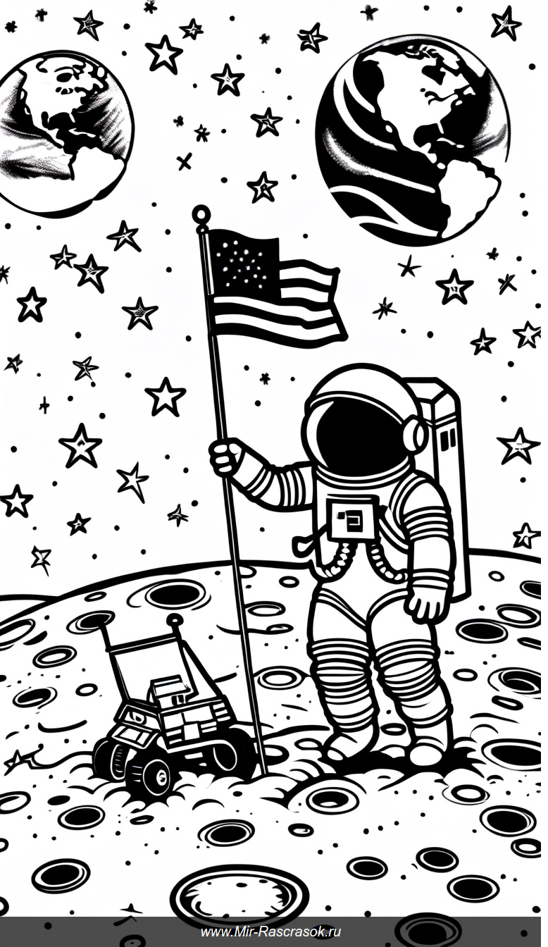 Раскраска с астронавтами на Луне флаг и ровером на фоне Земли