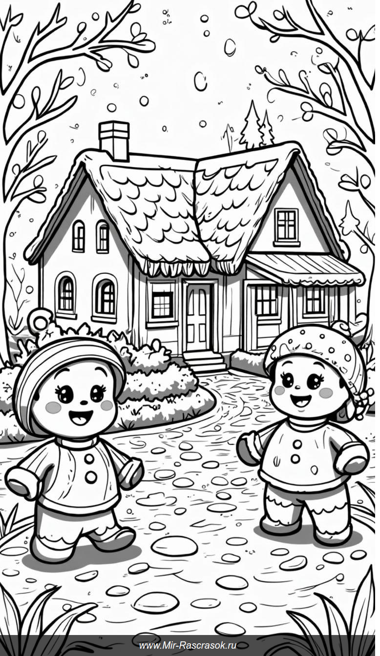 Сказочная деревня пряничных человечков для раскраски