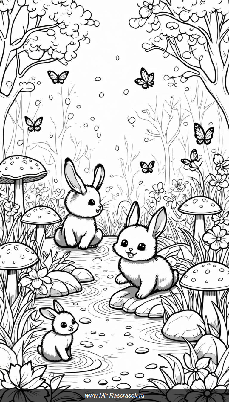 Чудесный сад с зайцами волшебного мира для раскрашивания