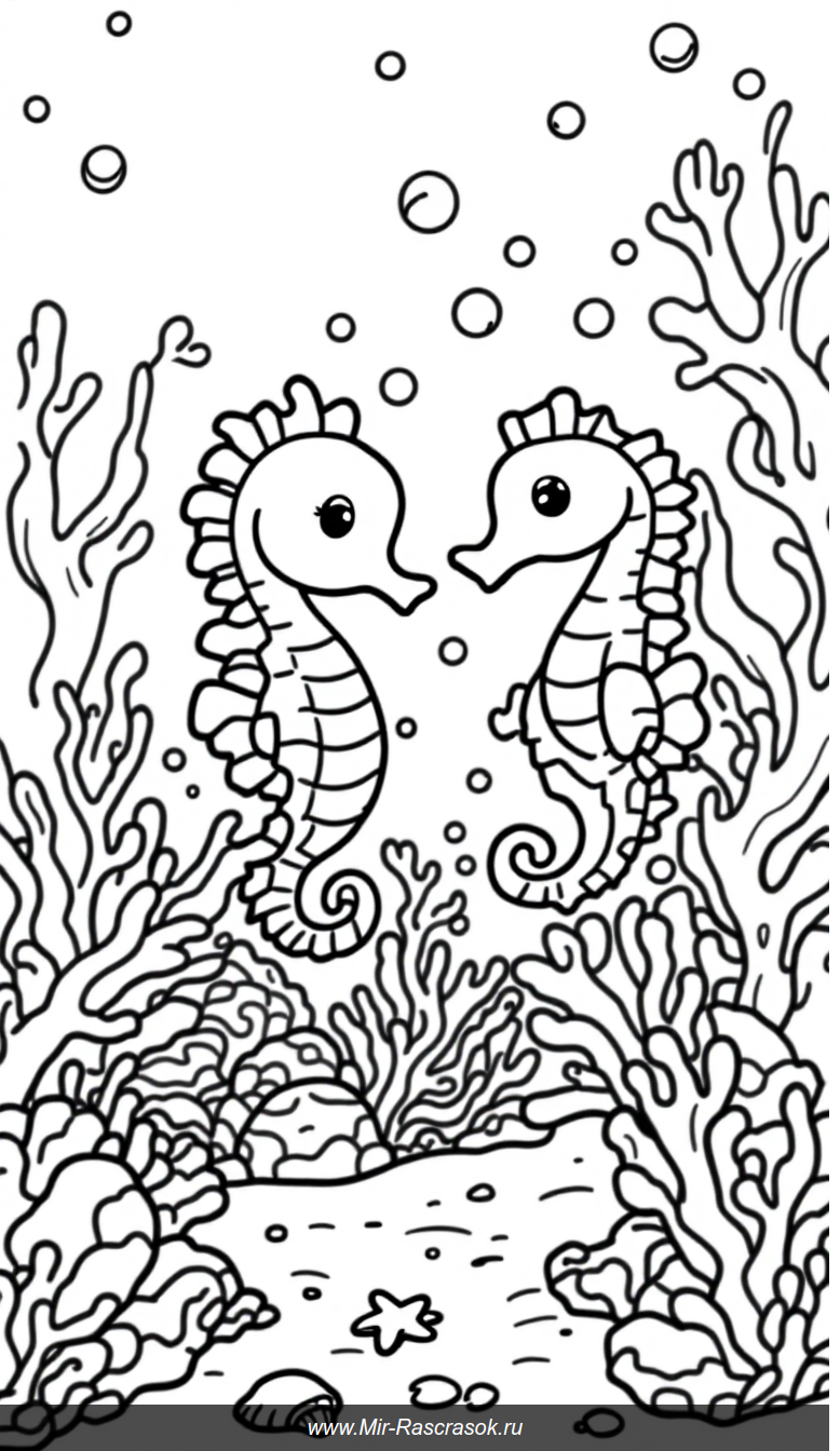 Дружелюбные морские коньки и кораллы для детской раскраски