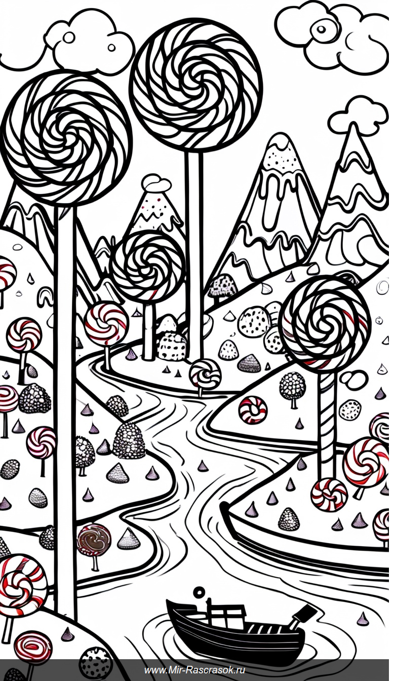 Волшебная страна сладостей для раскрашивания с леденцами и шоколадной рекой