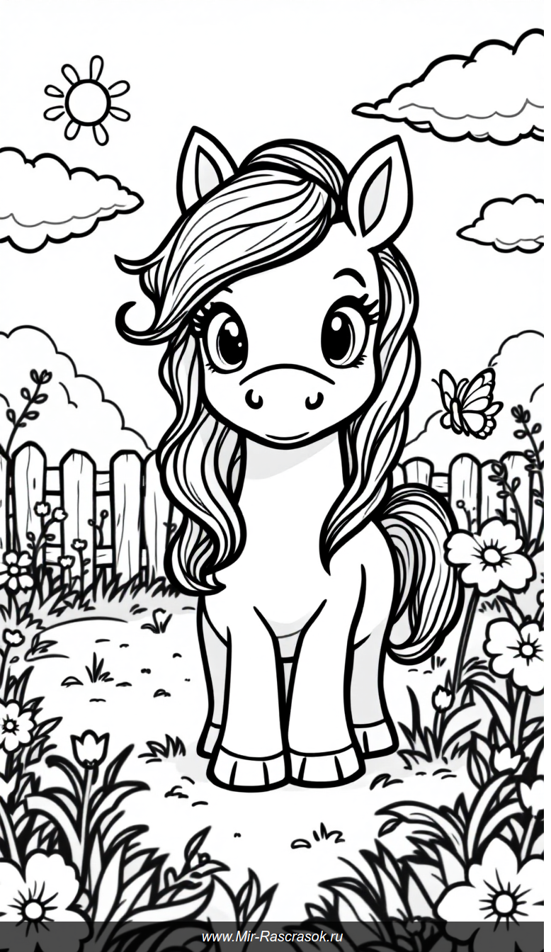 Раскраска с дружелюбным пони в солнечном лугу для детей