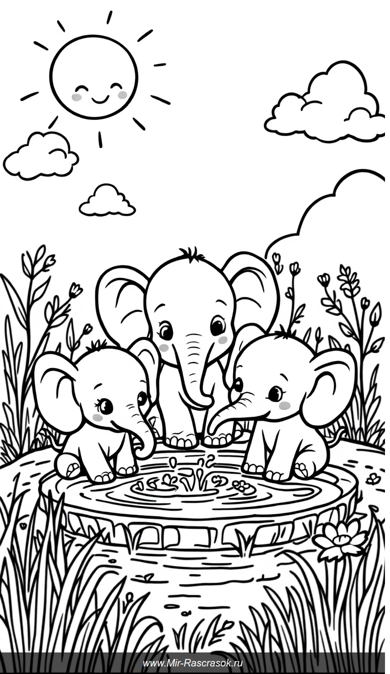 Веселая семья слонят в солнечной лужайке раскраска для детей