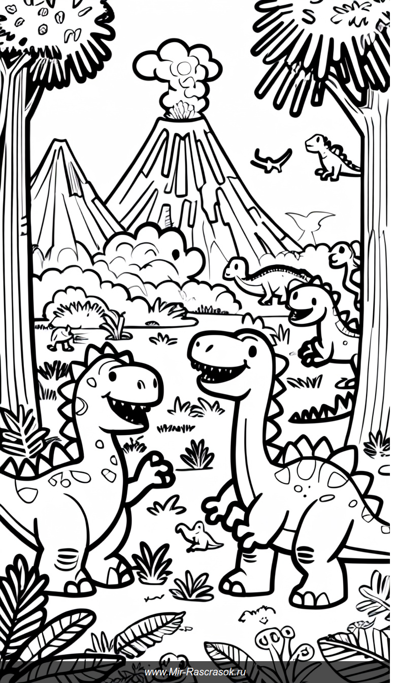 Раскраска с радостными динозаврами в доисторическом джунглях