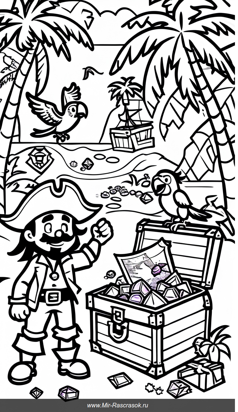 Веселый пират на поисках сокровищ раскраска для творчества