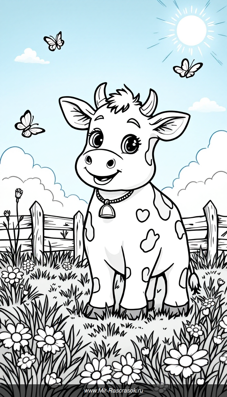 Раскрашивайте веселых коров в солнечном лугу 🐄🌞 с яркими бабочками и цветами 🌼 легко и весело 🎨 этот рисунок отлично подходит для детей всех возрастов чтобы развивать творческие способности и наслаждаться временем вместе с семьей 🖍️