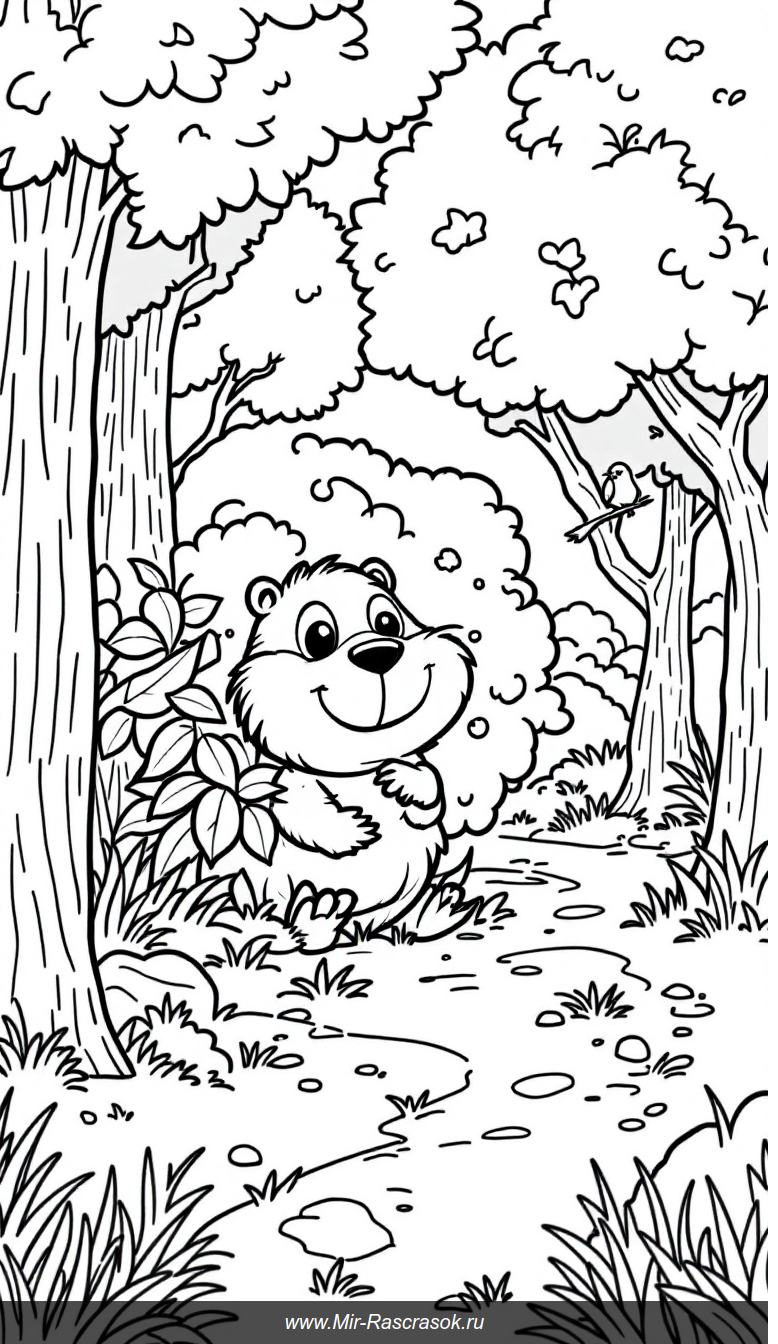 Веселая капибара играет в прятки в лесной раскраске для детей