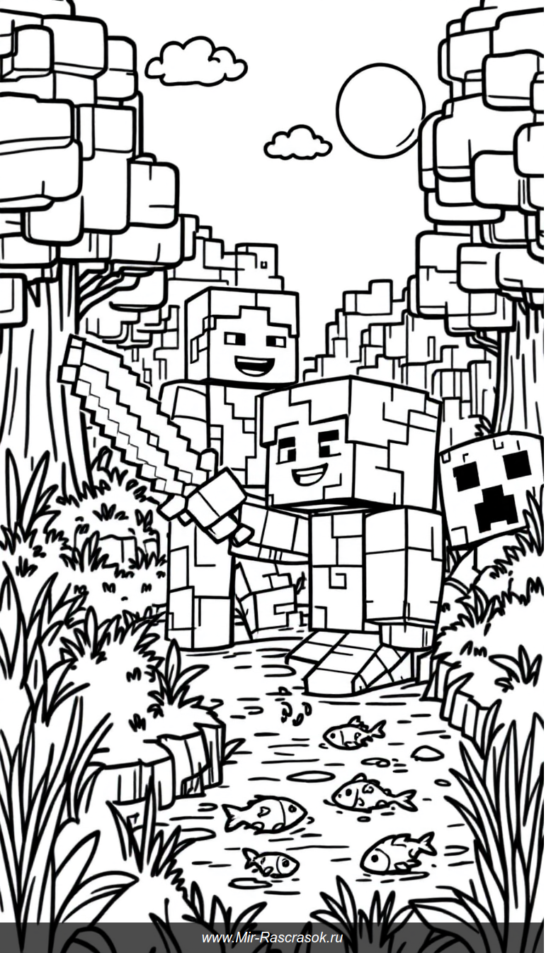 Дружелюбный мир Майнкрафт для яркой детской раскраски