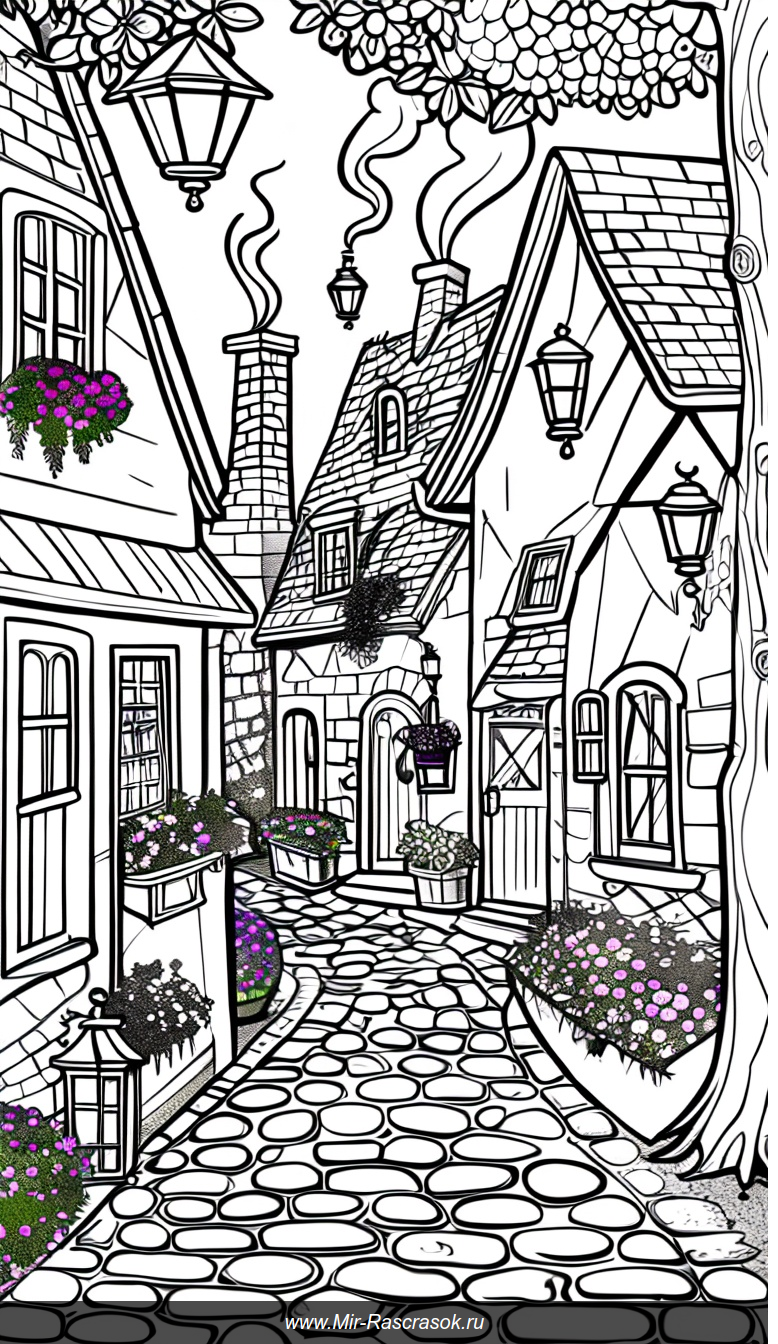 Раскраска уюта: живописная деревенская улица с домами и фонарями