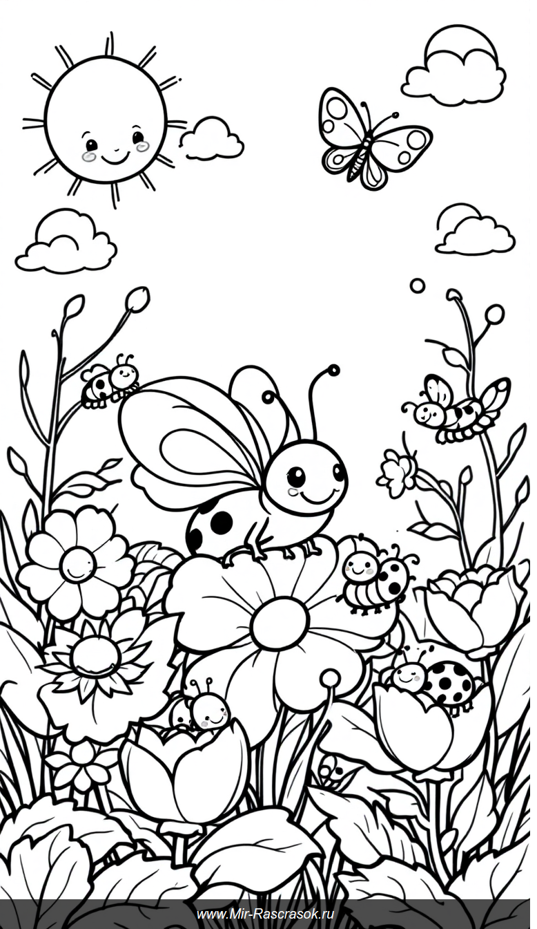 Весёлая раскраска с божьими коровками и друзьями в чудесном саду