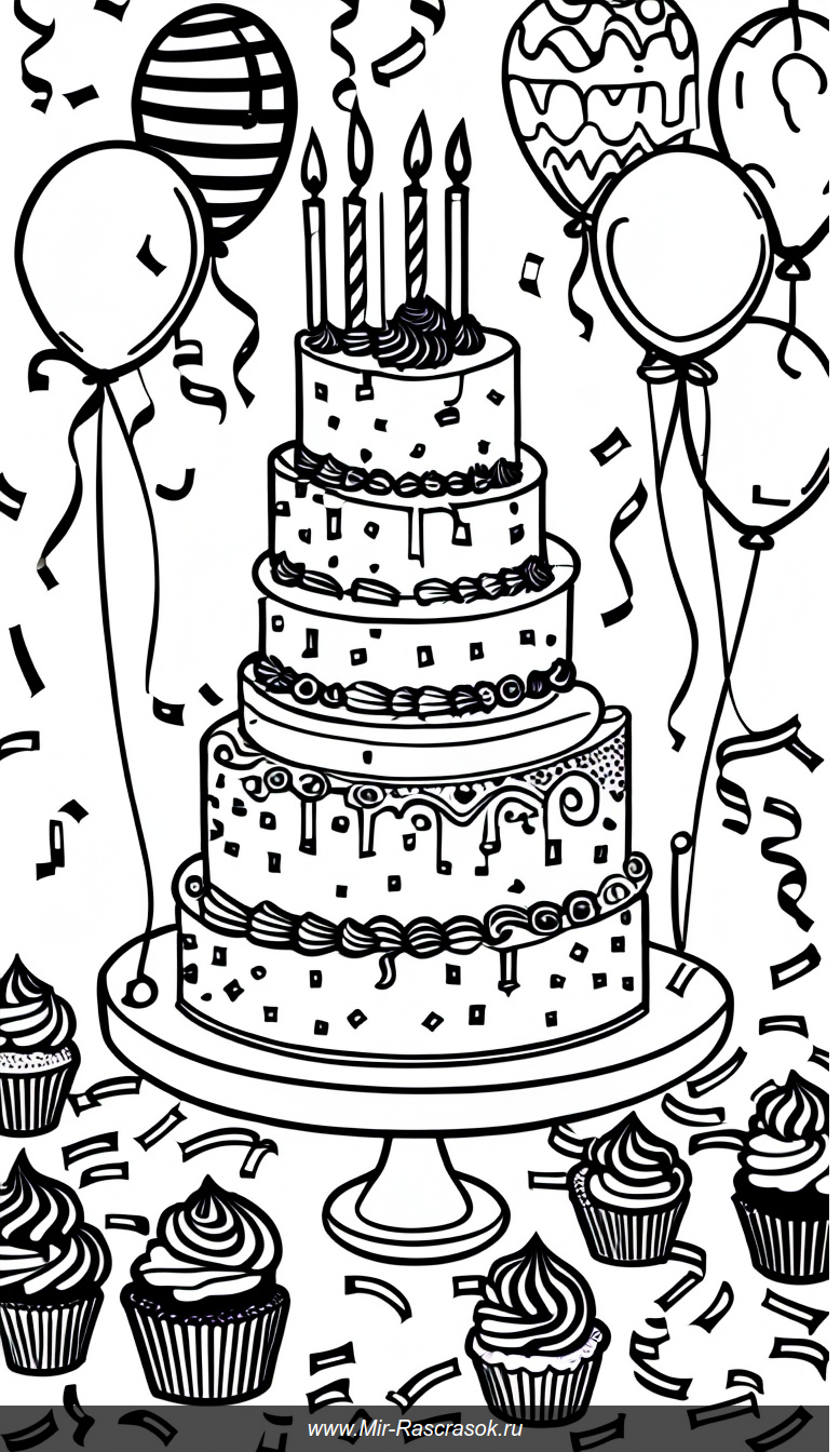 Раскраска праздничный стол с тортами и шарами для творческого веселья