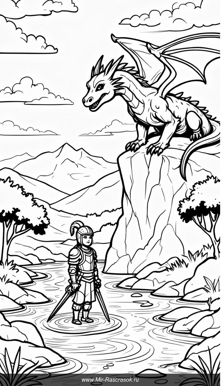 Дракон и рыцарь: эпическая битва на страницах раскраски