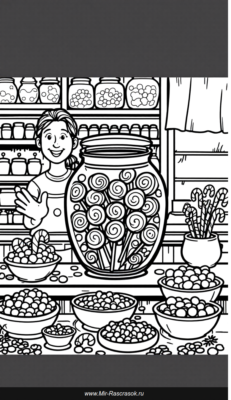 Весёлый магазин сладостей для раскрашивания детям