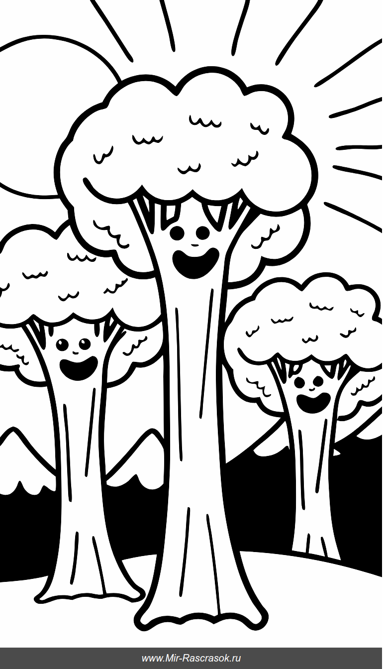 Раскраска: Весёлый лес с улыбающимися деревьями