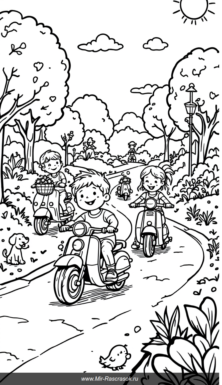 Веселые приключения на мотоциклах и самокатах в парке для детей
