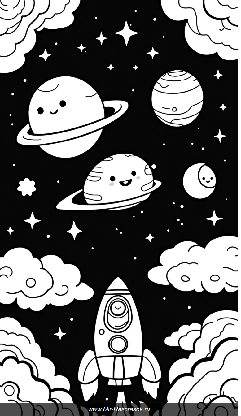Веселая космическая раскраска для детей с улыбающейся планетой и дружелюбной ракетой