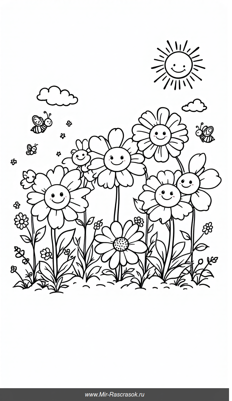 Веселая раскраска: сад с цветами, пчелками и бабочками