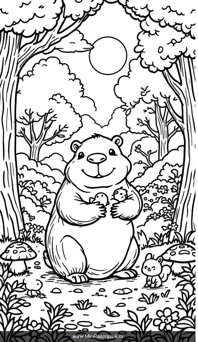 Дружелюбная капибара и лесные друзья в солнечной раскраске для детей