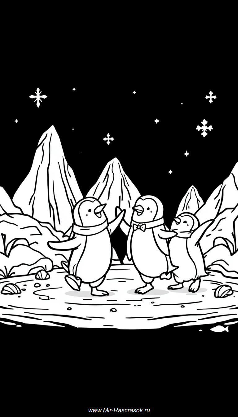 Веселая танцевальная вечеринка пингвинов раскраска для детей