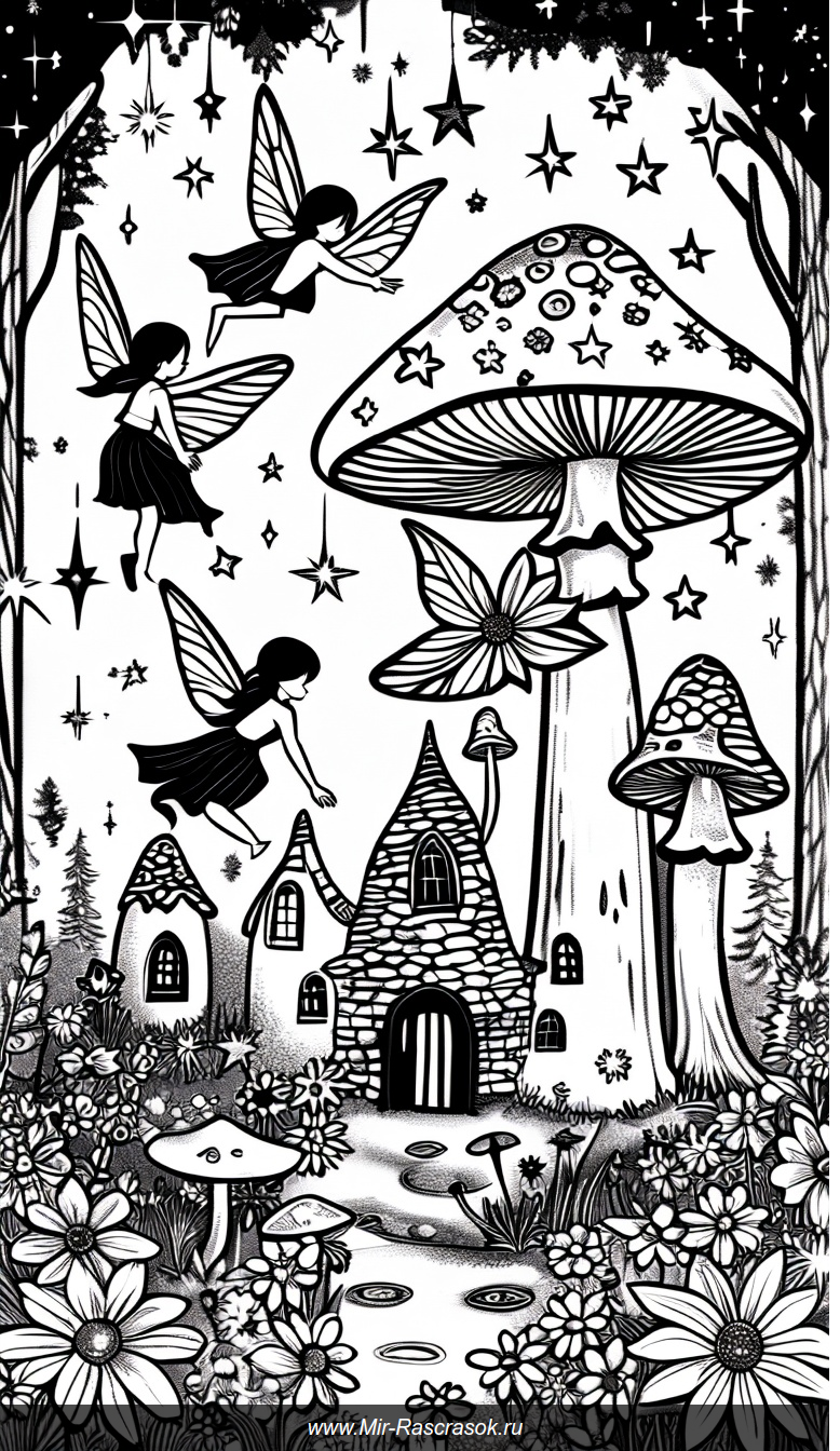 Волшебные феи в волшебной деревне грибов раскраска для фантазии