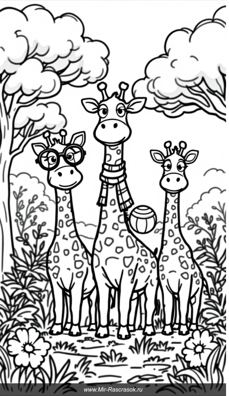 Весёлые жирафы в саванне Раскраска для детей