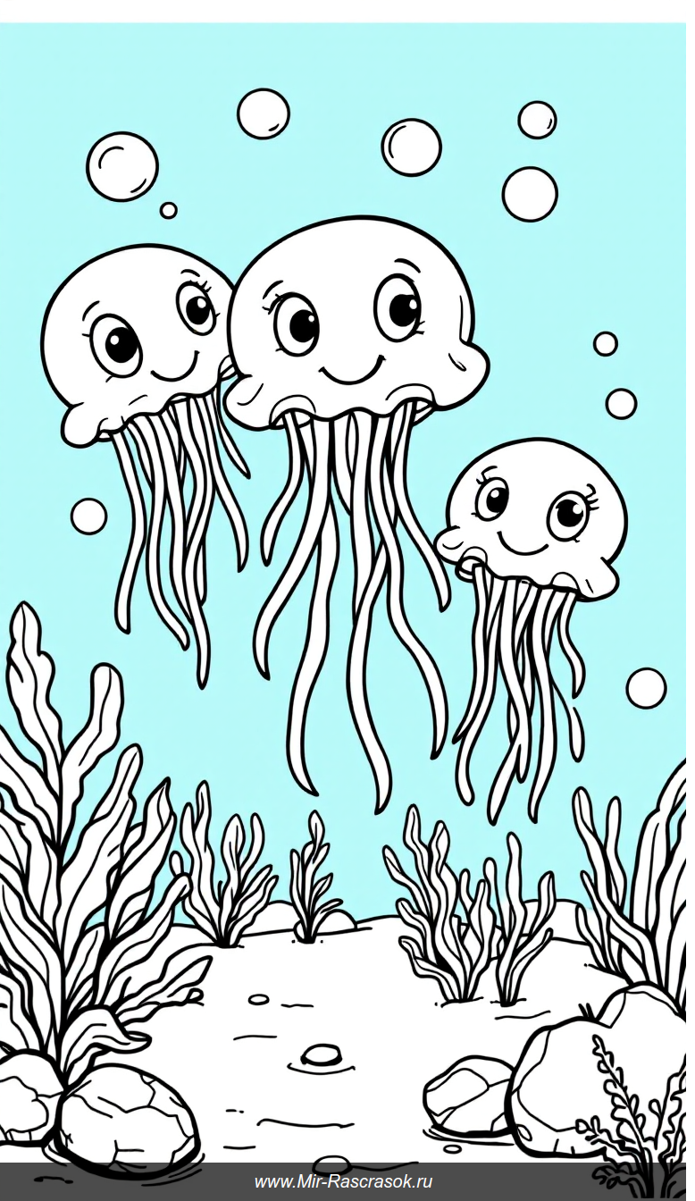 Весёлые медузы под водой Раскраска для детей с простыми большими деталями