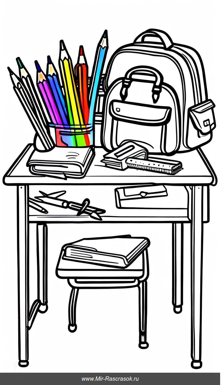 Веселый школьный письменный стол раскраска с яркими школьными принадлежностями