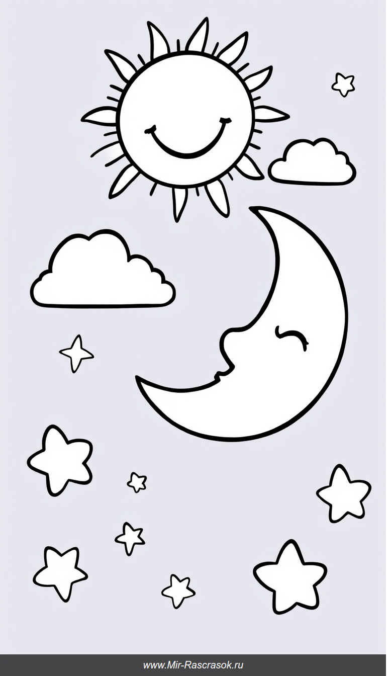 Радостное солнце и спокойная луна в детской раскраске для творчества