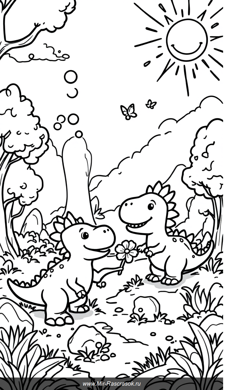 Весёлые динозавры в солнечном парке раскраска для детей