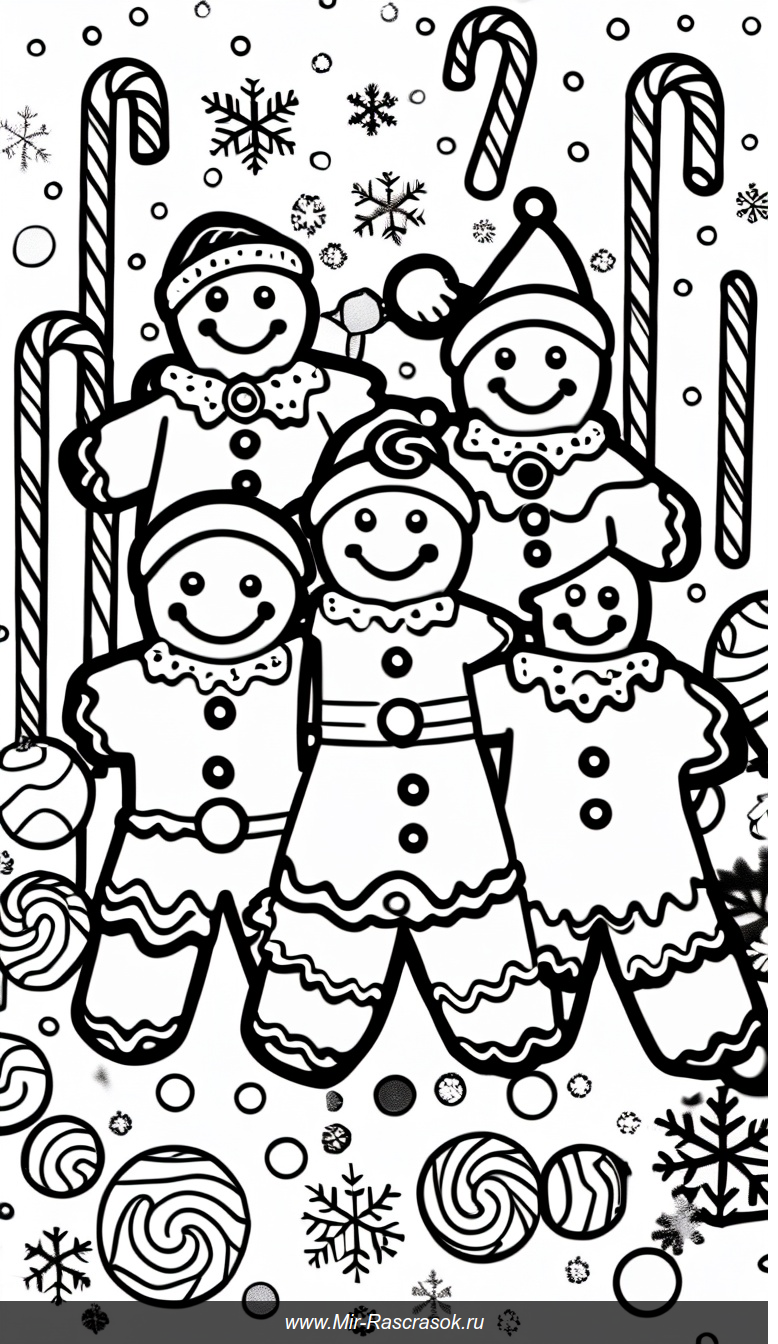 Веселые пряничные друзья в праздничном раскраске с конфетами и снежинками