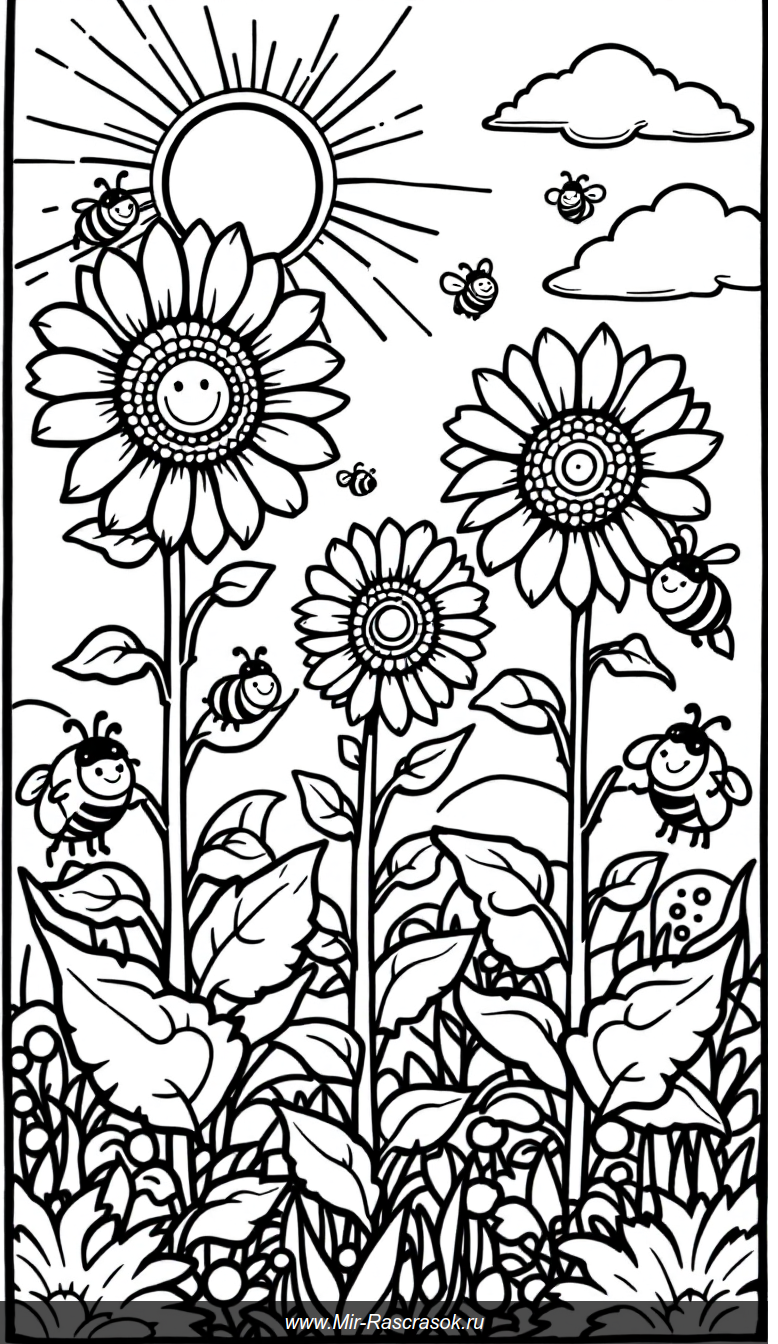 Веселый сад с подсолнухами и насекомыми для детской раскраски