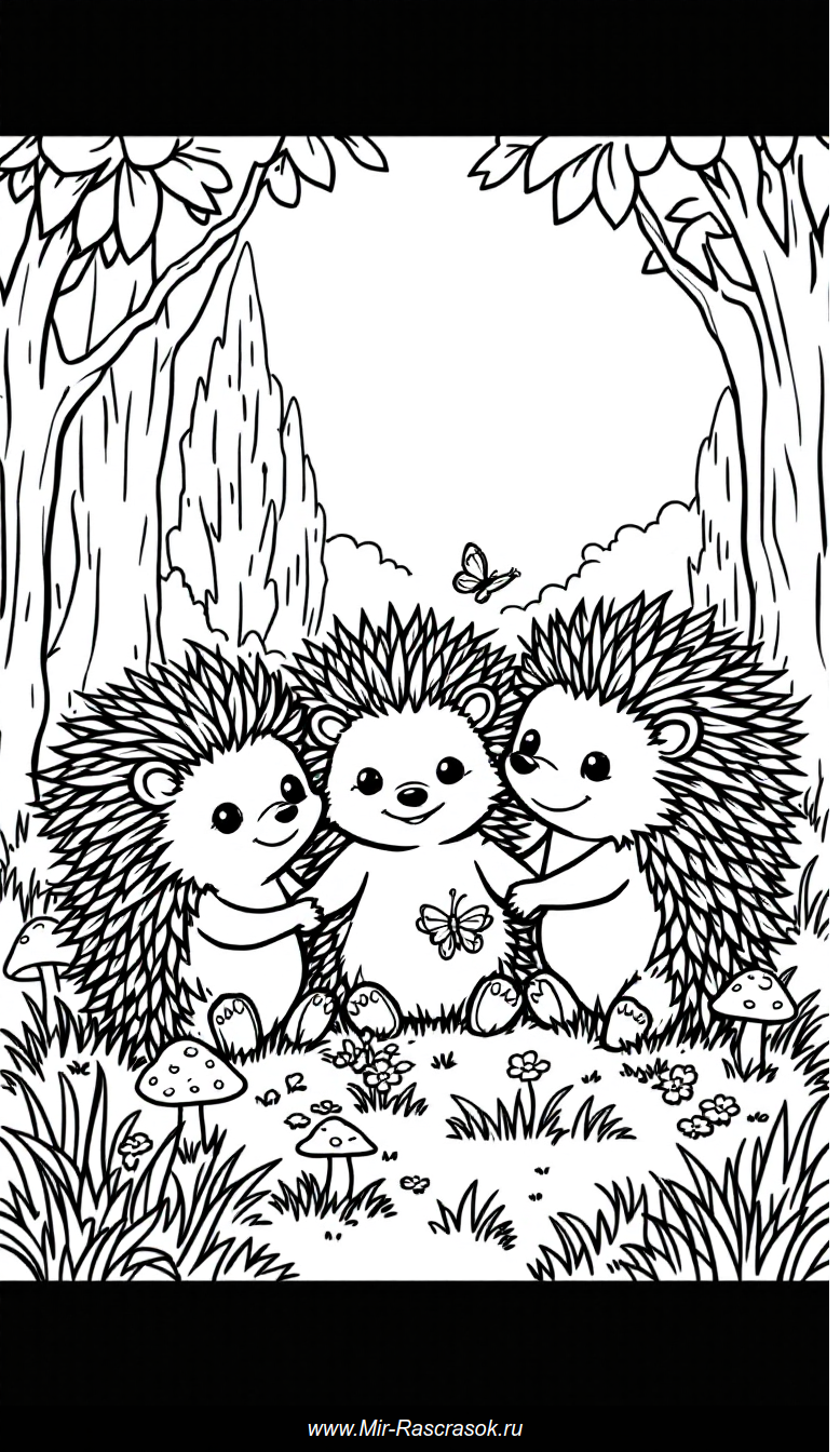 Весёлые друзья ёжики в лесной поляне для детской раскраски