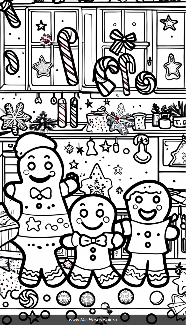 Раскраска с весёлыми имбирными друзьями в уютной праздничной кухне