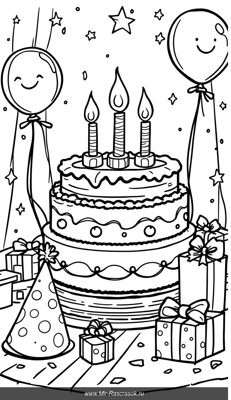 Веселый день рождения раскраска с тортом шарами и подарками